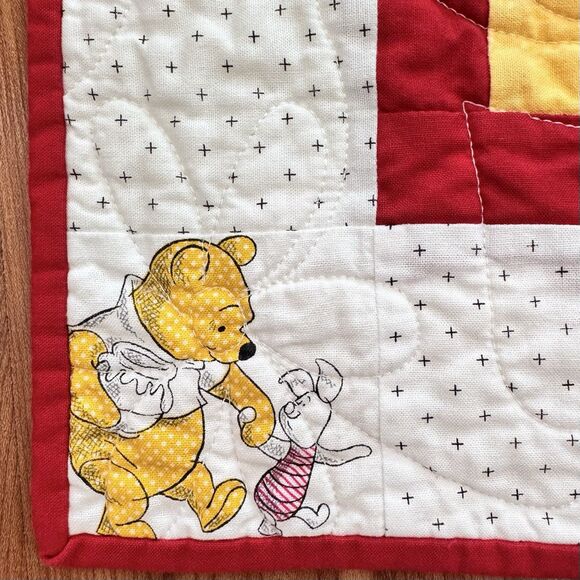 Handmade Winnie the Pooh Baby Quilt 45”x36” Yellow Gray Red Patchwork Blanket - Picture 4 of 11